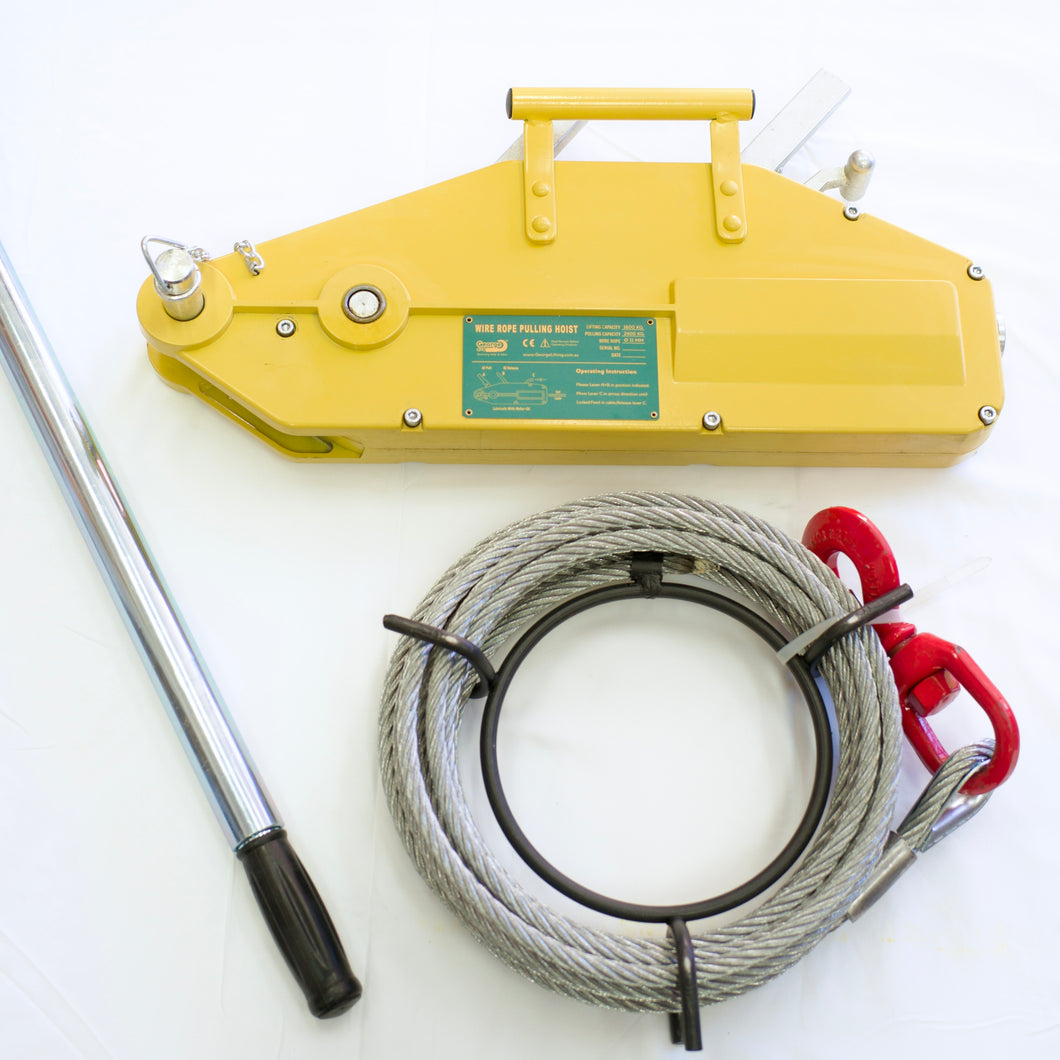 George4x4 Manual Wire Rope Pulling Winch is a versatile and robust solution for pulling, lifting, lowering, and securing tasks. With a 2400kg pulling capacity and 1600kg lifting capacity, this winch is designed for efficiency and durability. Features: Operates with a 10-meter steel cable and extendable lever Overload protection and safety catch on the hook for enhanced safety Low maintenance design with easy servicing Specifications: Pulling Capacity: 2400kg Lifting Capacity: 1600kg Rope Diameter: 11mm Cabl