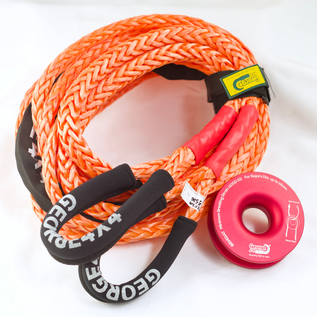 George4x4 Winch Extension Rope (11mm, 11,000kg, 10/15/20m) + Recovery Ring (Red or Pink) – Soft Shackle Friendly Combo
