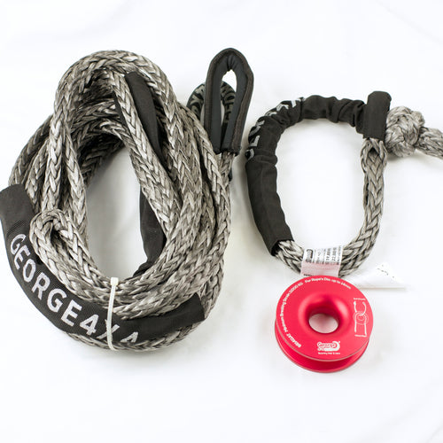 12mm 13,200kg Grey Winch Extension / Tow Rope + 1× 19,800kg Soft Shackle ( Grey ) + 11,000kg Recovery Ring ( RED or pink) – 4WD Winch Recovery Combo