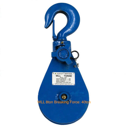 Heavy Duty Snatch Block With Shackle Head Specifications: Sheave Diameter: 203mm Safety Factor: 5:1 Working Load Limit (WLL): 8 tons Breaking Force: 40 tons Key Features: Hook Head, Swivel Design: Equipped with a drop-forged, heat-treated swivel hook that ensures secure and flexible connections for various rigging setups. High Strength: Made from hi-tensile steel body and cast steel sheave,