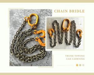 Chain Bridle for Towing (2 Legs) This chain bridle is designed for towing and consists of an oblong master link with hammerlocks and chain for connecting.  Features:  Chain size: 8mm Tow capacity: 5000kg (0 to 90 degrees) or 3800kg (90 to 120 degrees) Slip hook at chain ends Standard Lengths:  0.5m (0.8m total) 0.7m (1.0m total) 0.9m (1.2m total) Oblong Link: 160mm