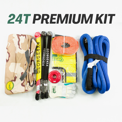 24,000kg Premium Recovery Kit Description: This kit includes a 100% double-braided Nylon Kinetic Rope that can handle at least 23,900kg of force. It also features one heavy-duty Australian-made Soft Shackle rated at 24,500kg, along with two Soft Shackles rated at 22,000kg each. Additionally, the kit contains a 14,000kg Tree Trunk Protector, a 15,000kg Winch Pulley Ring designed for soft shackles, a Winch Line Damper, a pair of Gloves, and a Camouflage Carry Bag. 