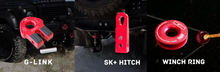 Load image into Gallery viewer, Ruby Combo(3pcs): G link/Flat Winch link + Snatch Ring + Soft Shackle Hitch/SK+  This kit includes 1pc*Aluminum Pulley Snatch Ring (Ruby RED) Inner-Outer diam: 30mm-100mm Breaking Strength: 11000kg  1pc*SK+ aka Soft Shackle Hitch (Ruby RED) 50mm*50mm*170mm  Breaking Strength: 20000kg  1pc*G Link aka Winch Flat link (Ruby RED) Rounded eyelet with large diam. of 32mm Maximum load capacity: 7500kg, for winch up to 16000lbs 