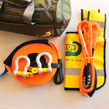 Load image into Gallery viewer, This kit includes:  1pc*Snatch Strap, 20% stretching, made with 100% nylon  60mm*9m, Breaking Strength: 8000kg  or  75mm*9m, Breaking Strength: 11000kg  1pc*Bridle Rope (Orange/Grey), Australian made  11mm*3m, Breaking Strength: 11000kg or  12mm*3m, Breaking Strength: 13200kg  2pcs*Rated Shackles (Red/Green/Galv.)  4.7ton    1pc*Heavy Duty Bag (50cm*24cm*27cm)  1pc*Winch line Damper (Yellow). Snatch Strap is made of 100% nylon Bridle rope is hand spliced in Brisbane and NATA tested 