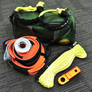 George4x4 Recovery Kit includes 1pc*Snatch Strap 9m*8000kg 1pc*Tree Trunk Protector (Orange), 75mm*3m*12000kg 2pcs*Soft Shackles Australian made 10mm*60cm*13300kg 1pc*Extension Tow Rope (Yellow), Australian made 10mm*10m/20m*9500kg 1pc*Aluminum Pulley Snatch Ring 10000kg 1pc*Aluminum Hitch Receiver 5ton 1pc*Carry Bag