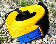 Load image into Gallery viewer, To rescue a vehicle stuck in sand or mud, use a snatch strap, which can stretch 10-20% under load and stores kinetic energy. George4x4 snatch straps are made of top quality 100% nylon Highly elastic that can be elongated up to 20% UV-resistant, waterproof and more durable Both ends have reinforced eyelets Comes with 2pcs removable sleeves VISIBLE colour-yellow. 11000kg*9m/3m