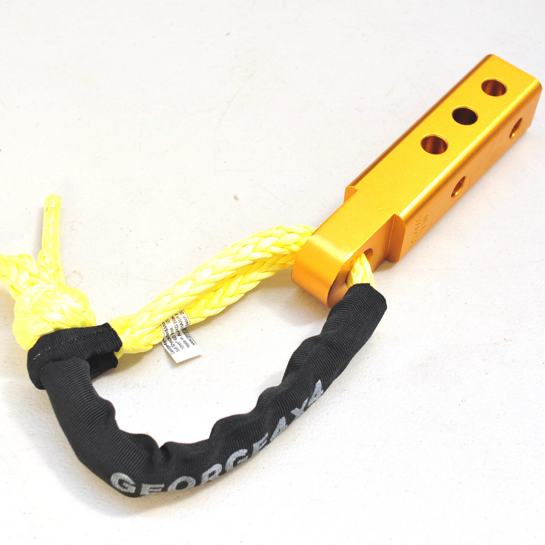 1pc*Soft Shackle (Yellow diamond), Australian made  10mm*60cm  Breaking Strength: 13300kg    1pc*Soft Shackle Hitch  232mm  Breaking Strength: 20000kg    Features:  Hitch made of Aluminium Alloy T6, Light and convenient 50mm*50mm*232mm (232mm length) WLL 5000kg, Minimum Breaking test: 20000kg The hitch hole is smooth and round edge, friendly designed for Soft Shackle Hitch is multiple-holes designed to connect vertically and horizontally Can connect directly with soft shackles and D shackles