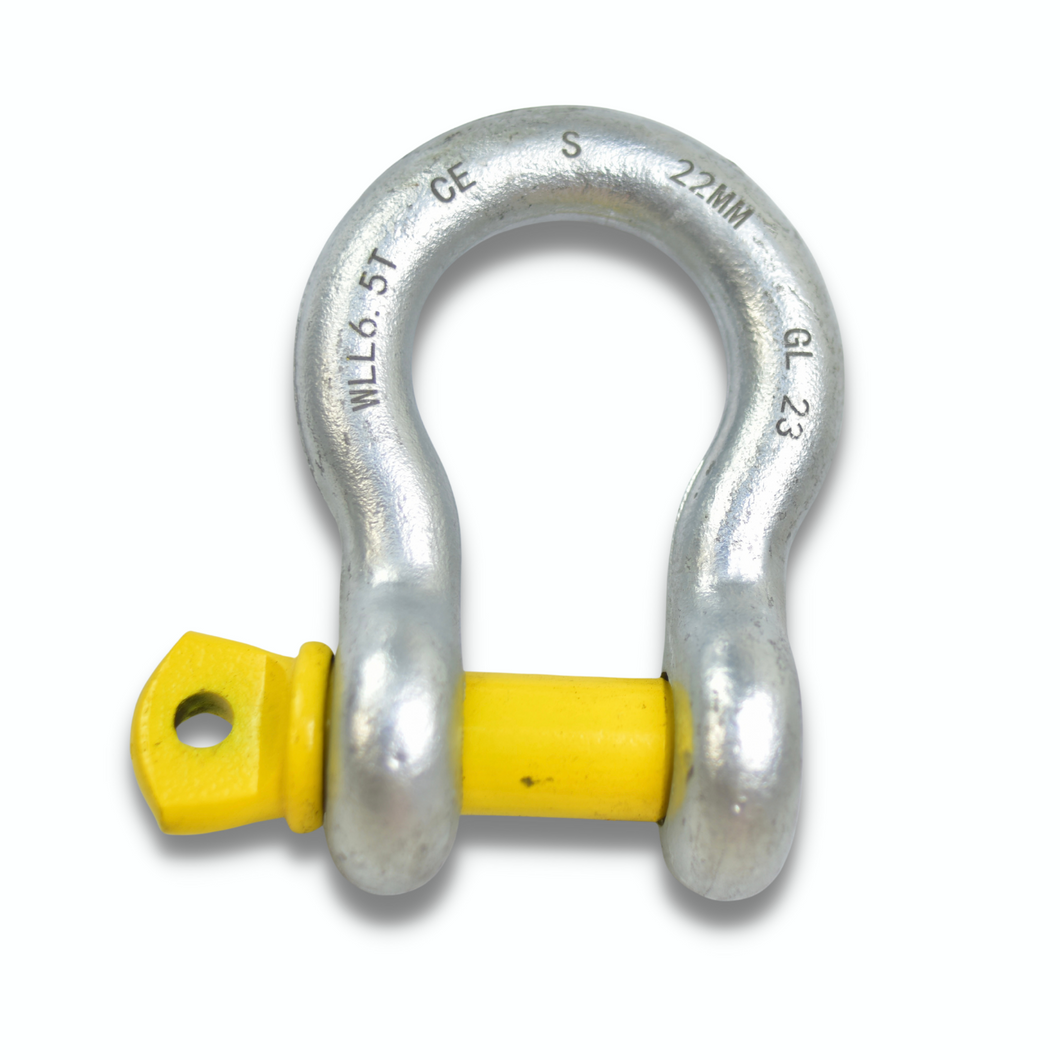 Made with High tensile steel, drop forged and heat-treated  Alloy steel oversized YELLOW PIN Hot Dipped Galv. without rust  FEATURES:  WLL 6500kg, Breaking load 39000kg Body material 22mm, pin 25mm Wide opening 36.6mm inner height: 84mm