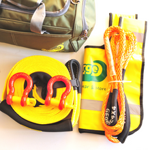 Load image into Gallery viewer, This kit includes:  1pc*Snatch Strap, 20% stretching, made with 100% nylon  60mm*9m, Breaking Strength: 8000kg  or  75mm*9m, Breaking Strength: 11000kg  1pc*Bridle Rope (Orange/Grey), Australian made  11mm*3m, Breaking Strength: 11000kg or  12mm*3m, Breaking Strength: 13200kg  2pcs*Rated Shackles (Red/Green/Galv.)  4.7ton    1pc*Heavy Duty Bag (50cm*24cm*27cm)  1pc*Winch line Damper (Yellow). Snatch Strap is made of 100% nylon Bridle rope is hand spliced in Brisbane and NATA tested 
