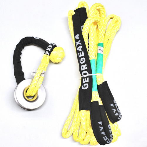 George4x4 Lightweight Recovery Kit includes 1pc*Extension Towing Rope, Australian-made Breaking: 9500kg/11000kg; 10m/20m. 1pc*Soft Shackle (Black Eye), Australian-made Breaking: 16000kg/18000kg/22000kg. 1pc*Aluminum Snatch Ring, Australian designed and NATA lab tested. A CURVED EDGE AND BIGGER GROOVE. Breaking 11000kg. 