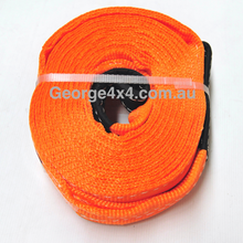 Load image into Gallery viewer, This tow strap can also be used as an extension for snatch straps, even for winch ropes. It can also be used as a Tow Strap for front recovery points or a long tree trunk protector. Used for Recovery Towing or Road Towing.   FEATURES: 9meter length, 75mm Width Heavy-duty reinforced eyelets 100% made of polyester, light and durable 14000kg Breaking force rated, tested breaking 15300kg