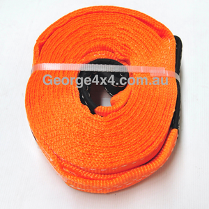 This tow strap can also be used as an extension for snatch straps, even for winch ropes. It can also be used as a Tow Strap for front recovery points or a long tree trunk protector. Used for Recovery Towing or Road Towing.   FEATURES: 9meter length, 75mm Width Heavy-duty reinforced eyelets 100% made of polyester, light and durable 14000kg Breaking force rated, tested breaking 15300kg