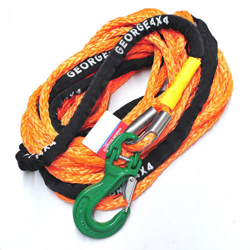 George4x4 SYNTHETIC WINCH ROPE Heavy Duty FEATURES:  Size: 11mm, rated breaking 11000kg, suit for 12000lbs to 17000lbs winches total length: 26meters Heavy Duty Stainless steel Thimble Eye Heavy Duty Winch Hook Made of Synthetic rope, very light, can float in water High Abrasion resistance and good UV resistance No stretch, easy handling Heavy duty Reinforced eyelets with GEORGE4X4 STAINLESS STEEL THIMBLE Spliced in Australia standard length 26 meters