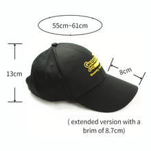 Load image into Gallery viewer, George4x4 Unisex Cap is designed with an elongated brim (usually 7cm, ours are at 8cm and more) and a round top. It has an adjustable circumference, making it comfortable and easy to wear. It also has a unique logo design that adds personality to your outfit, and is made with quality cotton. Height of 13cm,  a regular brim of 8cm, and an extended brim of 8.7cm Adjustable hat circumferences, fit head sizes ranging from 55 to 61cm Colour: Black with Yellow Logo