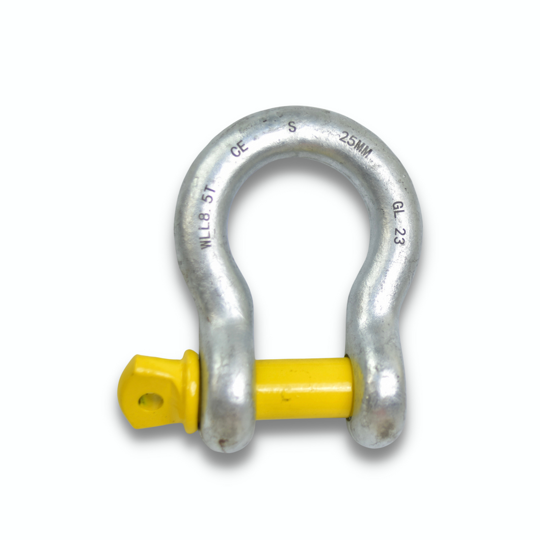 Made with High tensile steel, drop forged and heat-treated  Alloy steel oversized YELLOW PIN Hot Dipped Galv. without rust  Features:  WLL 8600kg, Breaking load 51000kg Body material 25mm (1inch), pin 28mm wide opening 42.90mm inner height: 95.5mm