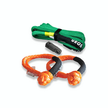 Load image into Gallery viewer, George4x4 Kinetic Rope Soft Shackle Kit  This kit includes (5 pcs total)  1pc*Kinetic Rope (Green), 100% double braided Nylon  thickness: 20mm  Length: 9m  Breaking Strength: 11000kg  2pcs*Soft Shackles (Orange button), designed with Black eye, Australian made  Length 65cm, 28-32 cm when closed as a shackle.  Breaking Strength: 18000kg    1pc*Soft Shackle Hitch (SK Hitch in Matte Black)  WLL: 5000kg, Minimum Breaking strength: 20000kg  1pc*Carry Bag 