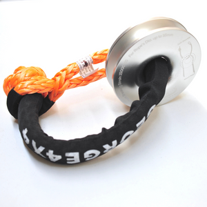 1pc*Soft Shackle (Orange button), Australian made  Size: 11mm  Length: 65cm   Breaking Strength: 18000kg    1pc*Aluminum Pulley Snatch Ring, Australian designed and NATA accredited lab tested  Inner-Outer diam: 32mm-125mm  Breaking Strength: 15000kg   Features:  Breaking strength 15000kg, strictly tested in Australia by NATA-certified lab Solid Aluminium polished Ring Net weight: 0.73kg, lighter and safer Rope running up to 16mm