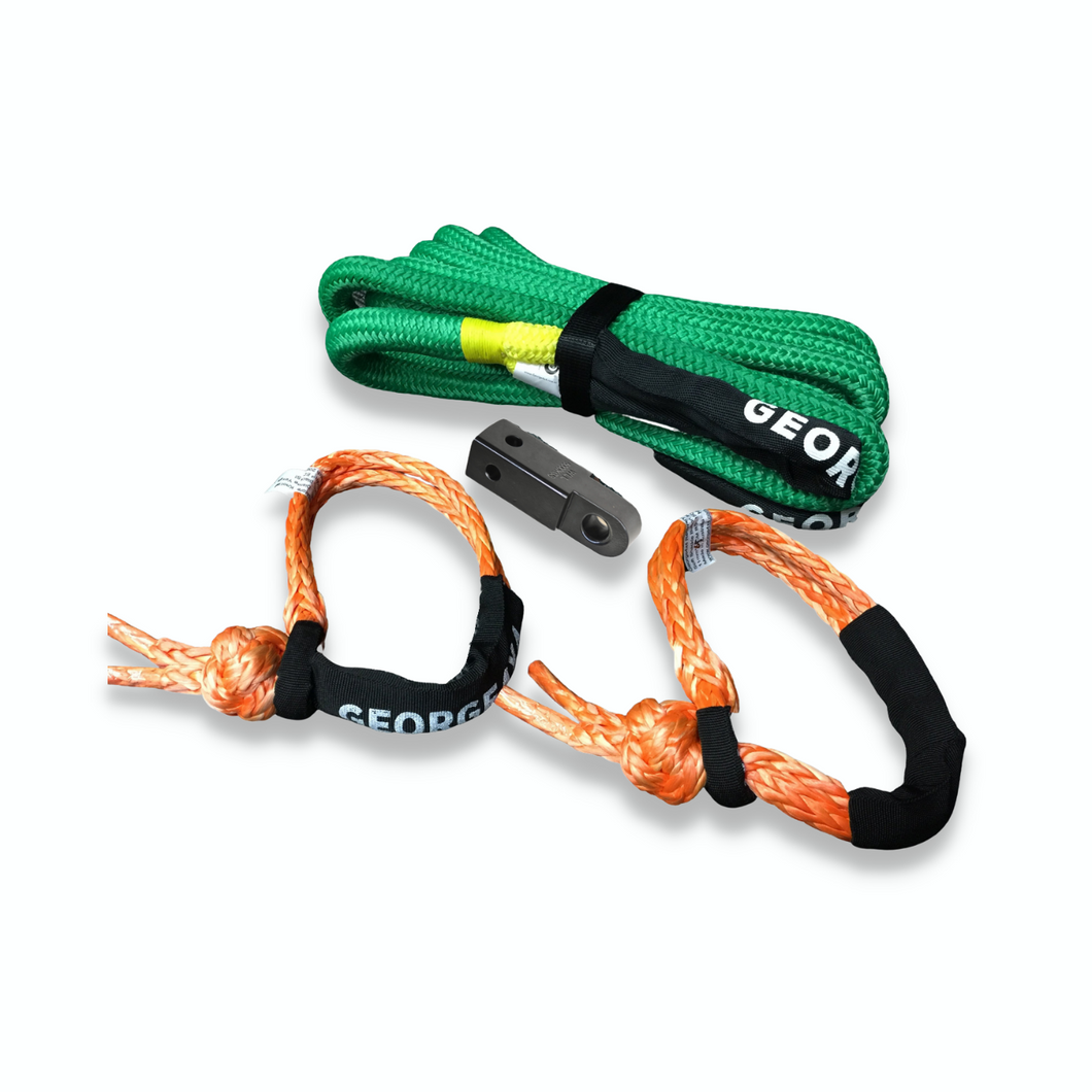 4WD Recovery 5PCS kit: Kinetic Rope 11000kg + Soft Shackle Hitch (SK) + 2*Diamond knot Soft Shackles with Black Eye 15000kg + Bag
