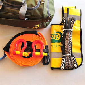 This kit includes:  1pc*Snatch Strap, 20% stretching, made with 100% nylon  60mm*9m, Breaking Strength: 8000kg  or  75mm*9m, Breaking Strength: 11000kg  1pc*Bridle Rope (Orange/Grey), Australian made  11mm*3m, Breaking Strength: 11000kg or  12mm*3m, Breaking Strength: 13200kg  2pcs*Rated Shackles (Red/Green/Galv.)  4.7ton    1pc*Heavy Duty Bag (50cm*24cm*27cm)  1pc*Winch line Damper (Yellow). Snatch Strap is made of 100% nylon Bridle rope is hand spliced in Brisbane and NATA tested 