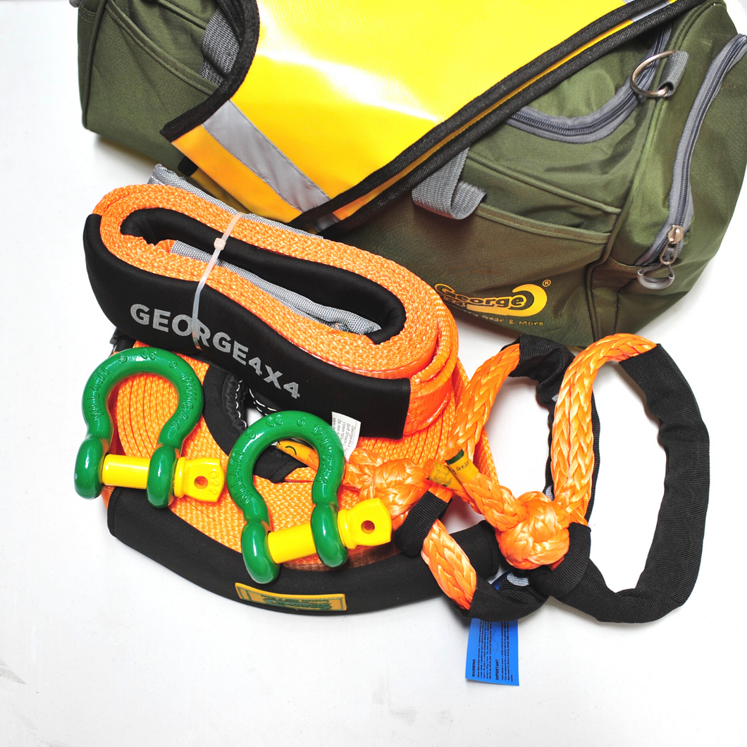 4WD Recovery kit 8pcs: 8000kg Snatch Strap + 2*Steel Rated Shackles + Equaliser Strap + 2*15000kg Soft Shackles + Damper + Carry Bag