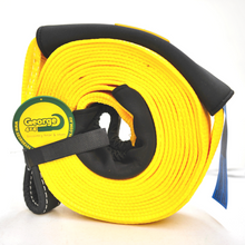 Load image into Gallery viewer, To rescue a vehicle stuck in sand or mud, use a snatch strap, which can stretch 10-20% under load and stores kinetic energy. George4x4 snatch straps are made of top quality 100% nylon Highly elastic that can be elongated up to 20% UV-resistant, waterproof and more durable Both ends have reinforced eyelets Comes with 2pcs removable sleeves VISIBLE colour-yellow. 11000kg*9m/3m