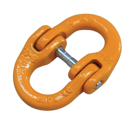 A hammerlock, a link that connects chains to other fittings when the chain link is too small. Made of high-quality alloy steel, drop forged and heat-treated for strength and flexibility. Easy to assemble and disassemble, often used to connect winch hooks to steel cable/synthetic winch rope. Consist of two separate body pieces, a tapered shaft, and a sleeve Size: 10mm WLL: 3.15ton BS: 12.6ton Grade: 80 (T8) Test certificate supplied upon request Pin comes with Oxygen Black or Galv. randomly