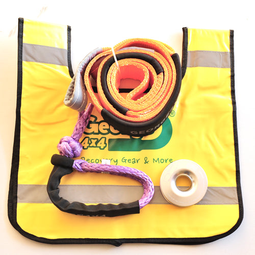 George4x4 Winch Accessory Kit includes 1pc*Tree Trunk Protector made of quality polyester, 3m Breaking: 12000kg. 1pc*Soft Shackle, Australian-made UHMWPE rope 12000kg/13300kg/15000kg/19800kg. 1pc*Aluminum Snatch Ring, Australian designed and tested 11000kg. 1pc*Winch line Damper Real Heavy-duty design Safer and Lighter