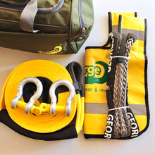 Load image into Gallery viewer, This kit includes:  1pc*Snatch Strap, 20% stretching, made with 100% nylon  60mm*9m, Breaking Strength: 8000kg  or  75mm*9m, Breaking Strength: 11000kg  1pc*Bridle Rope (Orange/Grey), Australian made  11mm*3m, Breaking Strength: 11000kg or  12mm*3m, Breaking Strength: 13200kg  2pcs*Rated Shackles (Red/Green/Galv.)  4.7ton    1pc*Heavy Duty Bag (50cm*24cm*27cm)  1pc*Winch line Damper (Yellow). Snatch Strap is made of 100% nylon Bridle rope is hand spliced in Brisbane and NATA tested 