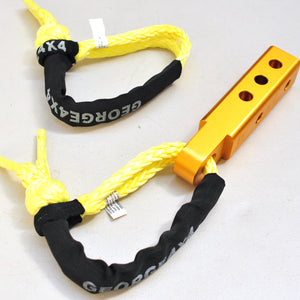 1pc*Soft Shackle (Yellow diamond), Australian made  10mm*60cm  Breaking Strength: 13300kg    1pc*Soft Shackle Hitch  232mm  Breaking Strength: 20000kg    Features:  Hitch made of Aluminium Alloy T6, Light and convenient 50mm*50mm*232mm (232mm length) WLL 5000kg, Minimum Breaking test: 20000kg The hitch hole is smooth and round edge, friendly designed for Soft Shackle Hitch is multiple-holes designed to connect vertically and horizontally Can connect directly with soft shackles and D shackles