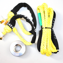 Load image into Gallery viewer, This kit includes  1pc*Bridle Rope (Yellow or Purple), Australian made  Rope size: 10mm  Length: 3m  Minimum Breaking Strength: 9500kg  2pcs*Soft Shackles (Yellow diamond), Australian made  total length: 60cm  Minimum Breaking Strength: 13300kg    1pc*Aluminum Pulley Snatch Ring, Australian designed and NATA accredited lab tested  Inner-Outer diam: 32mm-100mm (Thicker and wider)   Minimum Breaking Strength: 11000kg