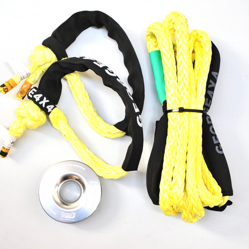 This kit includes  1pc*Bridle Rope (Yellow or Purple), Australian made  Rope size: 10mm  Length: 3m  Minimum Breaking Strength: 9500kg  2pcs*Soft Shackles (Yellow diamond), Australian made  total length: 60cm  Minimum Breaking Strength: 13300kg    1pc*Aluminum Pulley Snatch Ring, Australian designed and NATA accredited lab tested  Inner-Outer diam: 32mm-100mm (Thicker and wider)   Minimum Breaking Strength: 11000kg