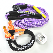 Load image into Gallery viewer, George4x4 Lightweight Recovery Kit includes 1pc*Extension Towing Rope Australian made 10m or 20m Breaking: 9500kg. 2pcs*Soft Shackles, Australian made 65cm Breaking: 15000kg 1pc*Aluminum Pulley Snatch Ring, Australian designed and tested Minimum breaking 11000kg. Lightweight, safer and more durable in every possible way.