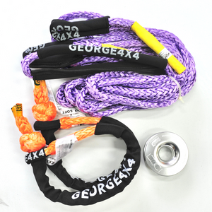 George4x4 Lightweight Recovery Kit includes 1pc*Extension Towing Rope Australian made 10m or 20m Breaking: 9500kg. 2pcs*Soft Shackles, Australian made 65cm Breaking: 15000kg 1pc*Aluminum Pulley Snatch Ring, Australian designed and tested Minimum breaking 11000kg. Lightweight, safer and more durable in every possible way.