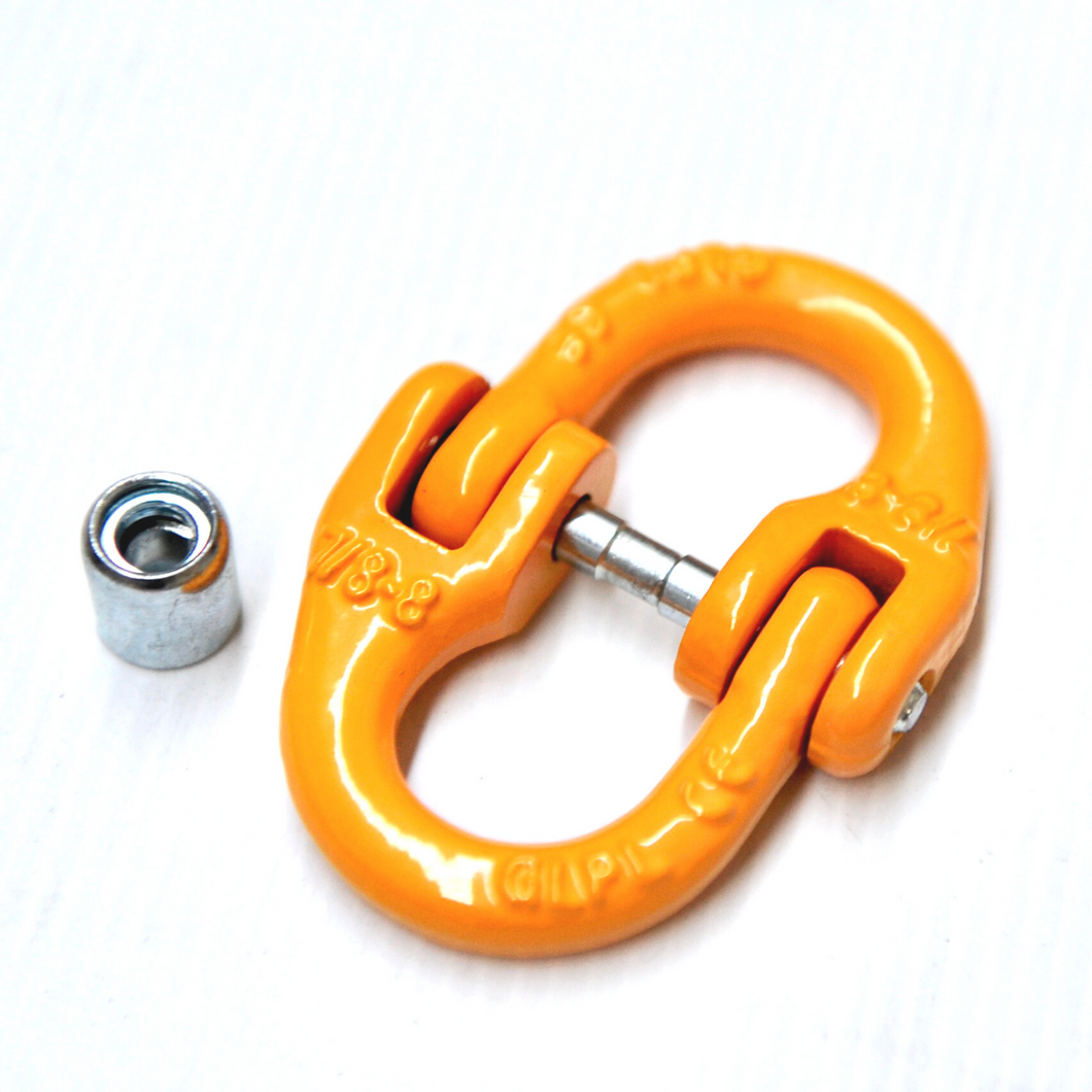 A hammerlock, a link that connects chains to other fittings when the chain link is too small. Made of high-quality alloy steel, drop forged and heat-treated for strength and flexibility. Easy to assemble and disassemble, often used to connect winch hooks to steel cable/synthetic winch rope. Consist of two separate body pieces, a tapered shaft, and a sleeve Size: 7/8mm WLL: 2ton BS: 8.0ton Grade: 80 (T8) Test certificate supplied upon request Pin comes with Oxygen Black or Galv. randomly