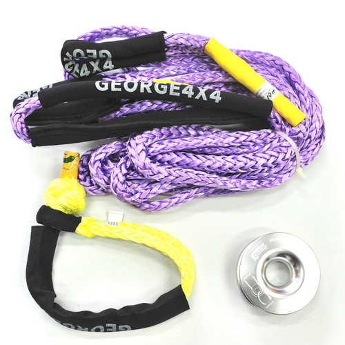 George4x4 4WD Lightweight Recovery Kit includes 1pc*Extension Towing Rope Australian made 10m Breaking: 9500kg. 1pc*Soft Shackle, Australian made 60cm Breaking: 13300kg. 1pc*Aluminum Pulley Snatch Ring, Australian designed and NATA accredited lab tested Running rope: 8mm-14mm. Lightweight, safer and more durable in every way.