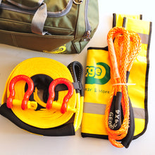 Load image into Gallery viewer, This kit includes:  1pc*Snatch Strap, 20% stretching, made with 100% nylon  60mm*9m, Breaking Strength: 8000kg  or  75mm*9m, Breaking Strength: 11000kg  1pc*Bridle Rope (Orange/Grey), Australian made  11mm*3m, Breaking Strength: 11000kg or  12mm*3m, Breaking Strength: 13200kg  2pcs*Rated Shackles (Red/Green/Galv.)  4.7ton    1pc*Heavy Duty Bag (50cm*24cm*27cm)  1pc*Winch line Damper (Yellow). Snatch Strap is made of 100% nylon Bridle rope is hand spliced in Brisbane and NATA tested 