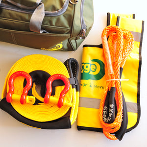 This kit includes:  1pc*Snatch Strap, 20% stretching, made with 100% nylon  60mm*9m, Breaking Strength: 8000kg  or  75mm*9m, Breaking Strength: 11000kg  1pc*Bridle Rope (Orange/Grey), Australian made  11mm*3m, Breaking Strength: 11000kg or  12mm*3m, Breaking Strength: 13200kg  2pcs*Rated Shackles (Red/Green/Galv.)  4.7ton    1pc*Heavy Duty Bag (50cm*24cm*27cm)  1pc*Winch line Damper (Yellow). Snatch Strap is made of 100% nylon Bridle rope is hand spliced in Brisbane and NATA tested 