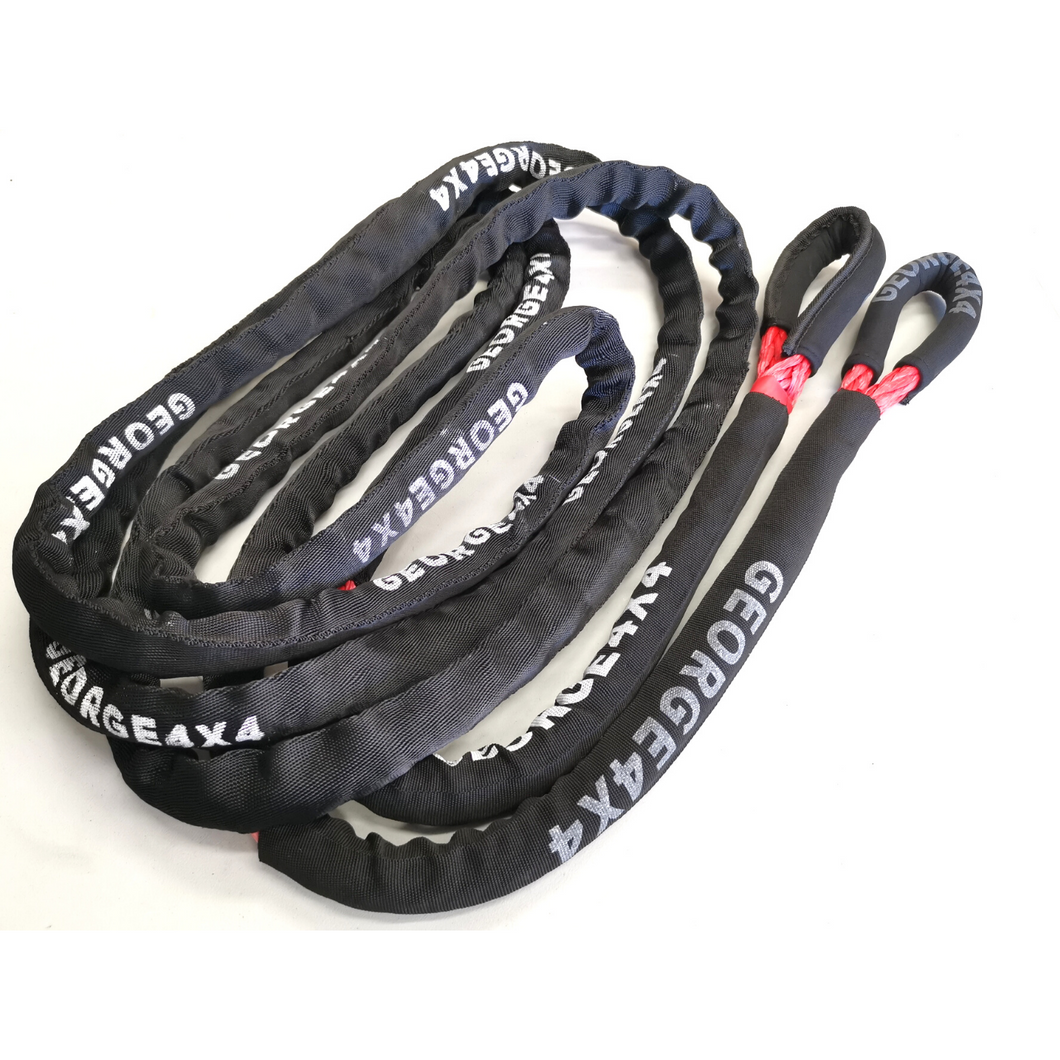 George4x4 Bridle Rope is constructed of a unique ultra-high molecular weight polyethylene material(UHMWPE), It is extremely high-strength and low-stretch. This Bridle rope has been fully sheathed into one piece, can be used as a tree trunk protector and extension for kinetic rope or snatch strap.  UV resistant, waterproof and more durable Very light, can float in water Both ends have protective sleeves and are fully sheathed Australian-made, Australian tested  14mm, Minimum Breaking force rated 18000kg