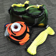 George4x4 Recovery Kit includes: 1pc*Snatch Strap 9m (Orange)  8000kg 1pc*Tree Trunk Protector (Orange), Australian made 75mm*3m*12000kg 2pcs*Soft Shackles, Australian made 10mm*60cm*13300kg 1pc*Extension Towing Rope, Australian made 10mm*10m/20m*9500kg 1pc*Aluminum Pulley Snatch Ring 11000kg 1pc*Heavy Duty Carry Bag