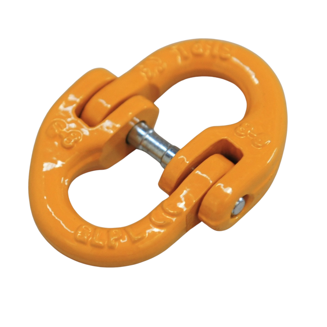 A hammerlock, a link that connects chains to other fittings when the chain link is too small. Made of high-quality alloy steel, drop forged and heat-treated for strength and flexibility. Easy to assemble and disassemble, often used to connect winch hooks to steel cable/synthetic winch rope. Consist of two separate body pieces, a tapered shaft, and a sleeve Size: 6mm WLL: 1.12ton BS: 4.48ton Grade: 80 (T8) Test certificate supplied upon request Pin comes with Oxygen Black or Galv. randomly