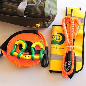 This kit includes:  1pc*Snatch Strap, 20% stretching, made with 100% nylon  60mm*9m, Breaking Strength: 8000kg  or  75mm*9m, Breaking Strength: 11000kg  1pc*Bridle Rope (Orange/Grey), Australian made  11mm*3m, Breaking Strength: 11000kg or  12mm*3m, Breaking Strength: 13200kg  2pcs*Rated Shackles (Red/Green/Galv.)  4.7ton    1pc*Heavy Duty Bag (50cm*24cm*27cm)  1pc*Winch line Damper (Yellow). Snatch Strap is made of 100% nylon Bridle rope is hand spliced in Brisbane and NATA tested 