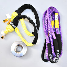 Load image into Gallery viewer, This kit includes  1pc*Bridle Rope (Yellow or Purple), Australian made  Rope size: 10mm  Length: 3m  Minimum Breaking Strength: 9500kg  2pcs*Soft Shackles (Yellow diamond), Australian made  total length: 60cm  Minimum Breaking Strength: 13300kg    1pc*Aluminum Pulley Snatch Ring, Australian designed and NATA accredited lab tested  Inner-Outer diam: 32mm-100mm (Thicker and wider)   Minimum Breaking Strength: 11000kg