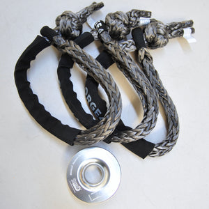 1pc/2pcs/3pcs/4pcs*Soft Shackle (Silver diamond), Australian made  12mm*70cm Breaking Strength: 19800kg  1pc*Aluminum Pulley Snatch Ring, Australian designed and NATA accredited lab tested  Inner-Outer diam: 30mm-100mm Breaking Strength: 11000kg   Features:  Rated load 11000kg, strictly tested, no failure till 11000kg Rope running from 8mm to 14mm Solid Aluminium polished Net weight: 0.40kg, lighter and safer