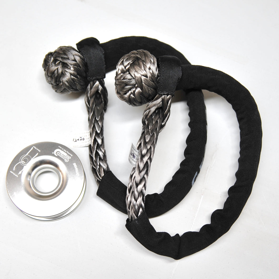 2pcs*Soft Shackles (Silver button), Australian made  Size: 12mm  Length: 60cm or 70cm Breaking Strength: 22000kg  1pc*Aluminum Pulley Snatch Ring(NEW DESIGN), Australian designed and NATA accredited lab tested Breaking Strength: 11000kg. Rated load 11000kg, strictly tested, no failure till 11000kg Curved edge and bigger groove!  Rope running from 8mm to 14mm Solid Aluminium polished Net weight: 0.41kg, lighter and safer Soft shackle can float in water Protective sleeve fitted UV-resistant, waterproof