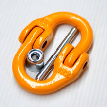Load image into Gallery viewer, A hammerlock, a link that connects chains to other fittings when the chain link is too small. Made of high-quality alloy steel, drop forged and heat-treated for strength and flexibility. Easy to assemble and disassemble, often used to connect winch hooks to steel cable/synthetic winch rope. Consist of two separate body pieces, a tapered shaft, and a sleeve Size: 7/8mm WLL: 2ton BS: 8.0ton Grade: 80 (T8) Test certificate supplied upon request Pin comes with Oxygen Black or Galv. randomly