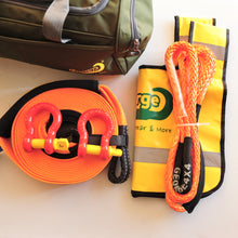 Load image into Gallery viewer, This kit includes:  1pc*Snatch Strap, 20% stretching, made with 100% nylon  60mm*9m, Breaking Strength: 8000kg  or  75mm*9m, Breaking Strength: 11000kg  1pc*Bridle Rope (Orange/Grey), Australian made  11mm*3m, Breaking Strength: 11000kg or  12mm*3m, Breaking Strength: 13200kg  2pcs*Rated Shackles (Red/Green/Galv.)  4.7ton    1pc*Heavy Duty Bag (50cm*24cm*27cm)  1pc*Winch line Damper (Yellow). Snatch Strap is made of 100% nylon Bridle rope is hand spliced in Brisbane and NATA tested 