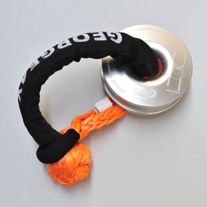 1pc*Soft Shackle (Orange button), Australian made  Size: 11mm  Length: 65cm   Breaking Strength: 18000kg    1pc*Aluminum Pulley Snatch Ring, Australian designed and NATA accredited lab tested  Inner-Outer diam: 32mm-125mm  Breaking Strength: 15000kg   Features:  Breaking strength 15000kg, strictly tested in Australia by NATA-certified lab Solid Aluminium polished Ring Net weight: 0.73kg, lighter and safer Rope running up to 16mm