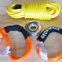Load image into Gallery viewer, George4x4 Lightweight Recovery Kit includes 1pc*Extension Towing Rope Australian made 10m or 20m Breaking: 9500kg. 2pcs*Soft Shackles, Australian made 65cm Breaking: 15000kg 1pc*Aluminum Pulley Snatch Ring, Australian designed and tested Minimum breaking 11000kg. Lightweight, safer and more durable in every possible way.
