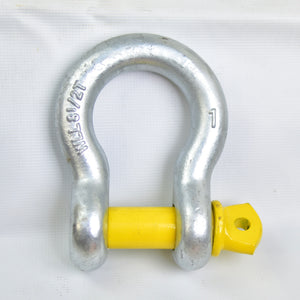Made with High tensile steel, drop forged and heat-treated  Alloy steel oversized YELLOW PIN Hot Dipped Galv. without rust  Features:  WLL 8600kg, Breaking load 51000kg Body material 25mm (1inch), pin 28mm wide opening 42.90mm inner height: 95.5mm