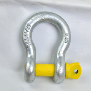 Made with High tensile steel, drop forged and heat-treated  Alloy steel oversized YELLOW PIN Hot Dipped Galv. without rust  FEATURES:  WLL 6500kg, Breaking load 39000kg Body material 22mm, pin 25mm Wide opening 36.6mm inner height: 84mm